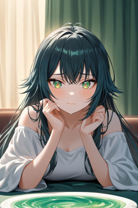 A whimsical depiction of Temari Tsukimura, a girl with ringed eyes and wavy mouth, tilts her head in a playful manner as she gazes directly at the viewer. Her long black hair flows down her back like a waterfall, with a delicate hair ornament catching the soft light. Green eyes sparkle like emeralds, illuminating her blushing cheeks. Waving gently, her hand cradles her own cheek as she admires an impasto-inspired artwork on the table before her. The cozy atmosphere is set amidst parted curtains, with a warm glow casting a flattering light on her features.