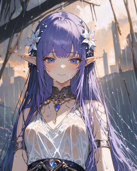 original,((artist:wanke)),(artist:ciloranko),((artist:ningen_mame)),(rainning:1.3),(wlop:0.7),anime,girl,solo,pointy ears,long hair,elf,purple hair,blue eyes,hair flower,small breasts,very long hair,bangs,nail polish,parted lips,white elbow gloves,green gem,pearlhairband,cowboy shot,Tyndall effect,available light,Volumetric Lighting,absurdres,colorful,cinematic_angle,depth_of_field,blurry_foreground,outdoors,smile,(wet clothes),(wet hair),water drop,water on face,gloom,sky,sunlight shines through the clouds,blush,looking down,from below,(closed mouth),crying with eyes open,seductive smile,(blushing ears), snclstyle,upper body