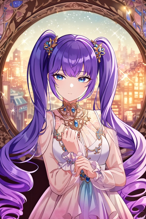 very aesthetic,aesthetic,amazing quality,best quality,hight,hight quality,masterpiece,,snclstyl,beautiful detailed eyes,gentle eyes BREAK
,long hair,purple hair,blue eyes,twintails,dress,see-through,hair ornament BREAK
(blurry),(blurry_foreground),(depth_of_field),wallpaper,highres,colorful,Cinematic Lighting,lens flare,looking_away,head_down,upper body,traditional_media,(mucha),(art nouveau),sparkle,starry,pastel color,watercolor,shiny,drill hair, snclstyle,city,glow,watercolor_(medium)