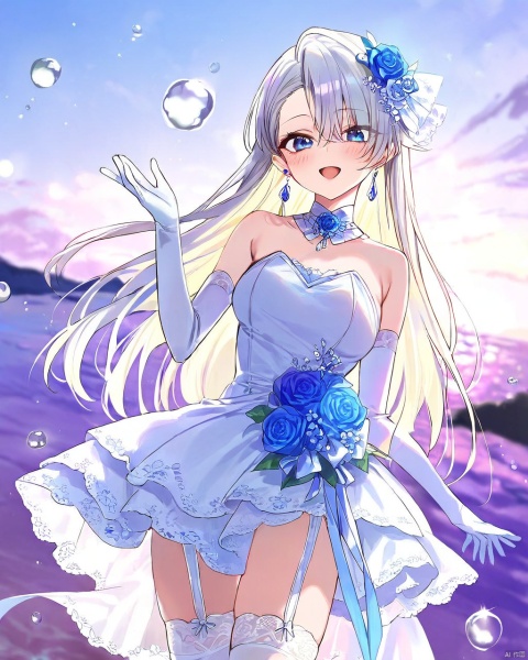 by yellowpaint,by modare,by gemi, by yunamaro,by pottsness,by dikko,by zounose,1girl,blue eyes,long hair,asymmetrical bangs,white hair,hair behind ear,thighhighs,flower,garter straps,white hair ornament,white gloves,white elbow gloves,white thighhighs,white wedding dress,wedding dress,hair flower,purple earrings,blue flower,bare shoulders,blue rose,detachedcollar, smile, ,summer,detailed,amazing quality, ,BREAK,blurry_background,blurry_foreground,shiny,open_mouth,blush,gentle eyes,luminous eyes,sea,water,sky,beautiful water,(Volumetric Lighting,Cinematic Lighting), snclstyle,