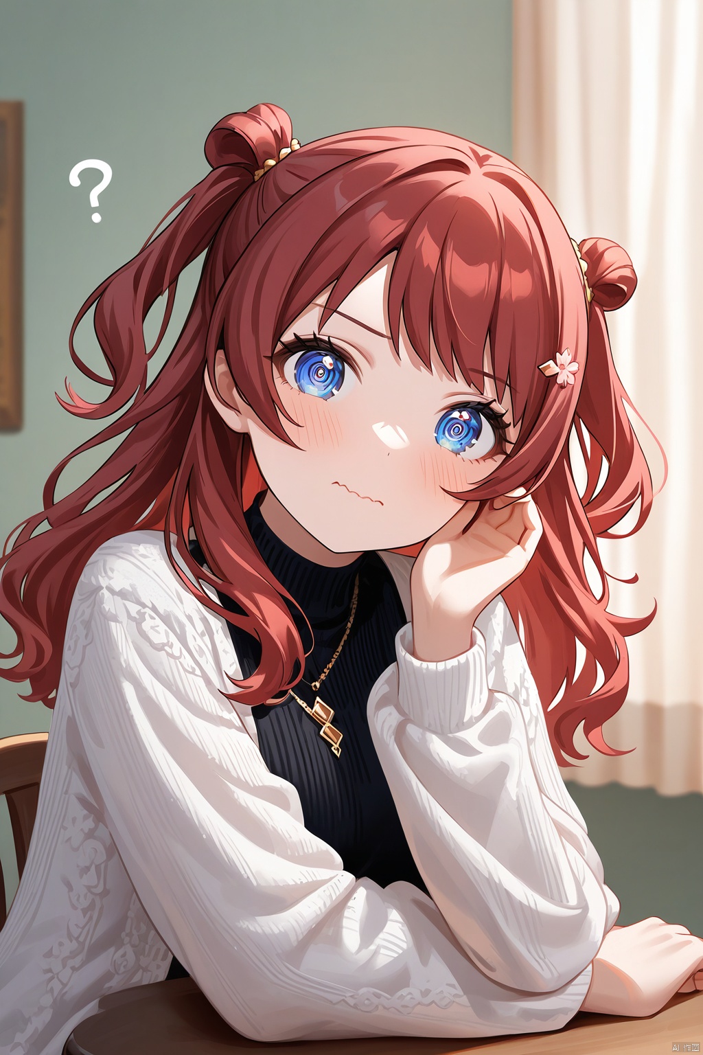 (ringed eyes,wavy mouth,?,head tilt),waving,saki hanami,blue eyes,long hair,two side up,red hair,,A delightful impasto-inspired artwork! A cute-faced girl with liduke-inspired features gazes directly at the viewer, her cheeks blushing softly. Indoors, amidst a cozy atmosphere with parted curtains, she sits wearing a black turtleneck sweater, white long sleeves, and a brown-eyed gaze that shines like emeralds. Her hair is styled in loose waves with a hairclip holding back stray strands. A delicate hair ornament adorns her locks, complementing the intricate details of her impasto-style artwork. The focus lies on her face, with her hand gently resting on her own cheek.