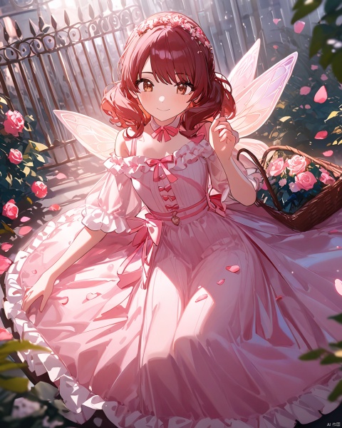  (Kumiko),((artist:ciloranko)),((artist:ningen_mame)),clean coloring,masterpiece,best quality,high quality, The image features a girl with brown, wavy hair adorned with a pink ribbon bow. She has brown eyes and is smiling happily. The girl is wearing a frilly pink dress. She is holding a giant flower and a basket filled with flower petals, which she is scattering around. The setting appears to be a garden with a wrought iron fence and abundant roses in the background. The scene is bright and sunlit with soft lighting. The girl is depicted lying down, reaching out, and floating in a whimsical, fairy-tale-like manner, giving an elegant and playful impression,glow,snclstyle,blush,ray tracing, PVC