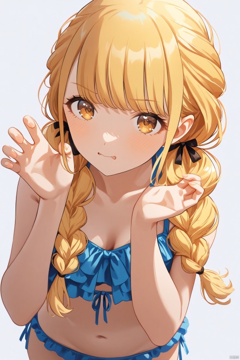 clean color,kotone fujita,kotone one,1girl,braid,twin braids,long hair,blonde hair,brown eyes,swimsuit,detailed face,(simple background),(white background),(upper body) BREAK beautiful color,detailed,best quality,amazing quality,very aesthetic,colorful,masterpiece,look at viewer,best quality,claw pose,standing,snclstyle,cowboy shot