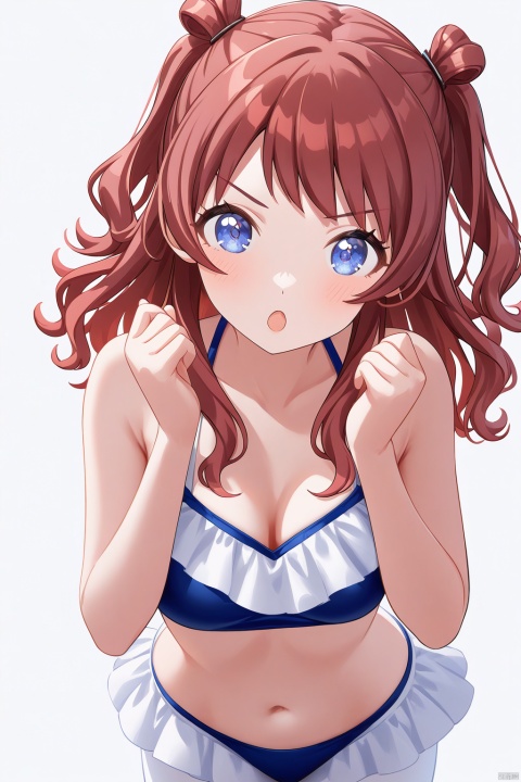 clean color,saki hanami,saki one,1girl,blue eyes,long hair,two side up,red hair,:o,swimsuit,white pantyhose,detailed face,(simple background),(white background),(upper body) BREAK beautiful color,detailed,best quality,amazing quality,very aesthetic,cowboy shot,colorful,masterpiece,look at viewer,best quality,hands up,standing,snclstyle