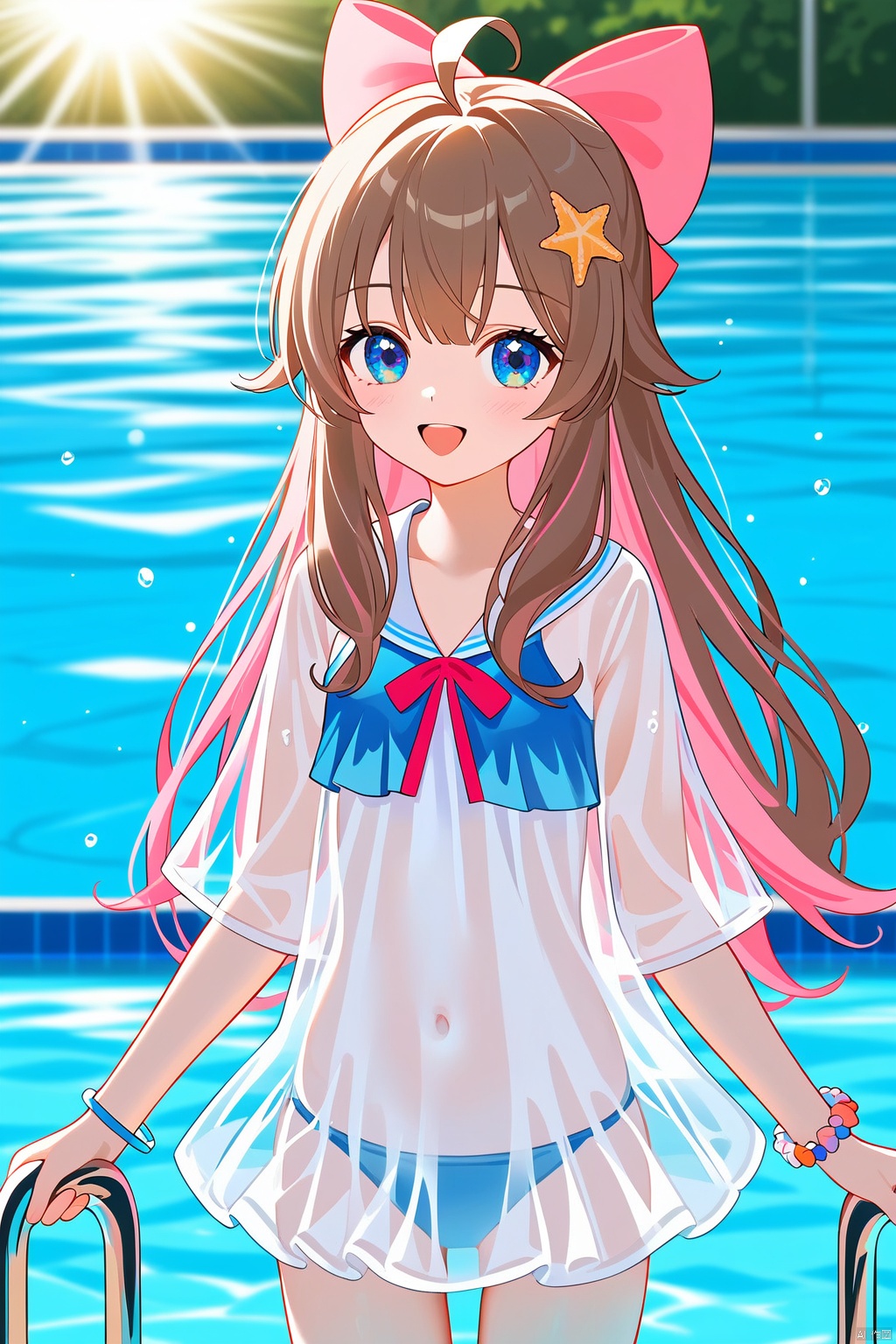 masterpiece,best quality,amazing quality,anime,anime color,1girl,swimsuit,blue eyes,long hair,brown hair,ahoge,pink hair bow,bracelet,starfish hair ornament,see-through,see-through sleeves,shortsleeves,Anime style, cinematic shot of a girl playing joyfully in a swimming pool, dynamic and energetic, with beautiful detailed eyes, sun-kissed skin, surrounded by the cool blue water of the pool, splashing water with a sense of fun, bright sunlight casting a warm glow, tropical plants adding to the lively setting, (best quality, 4k, 8k, highres, masterpiece:1.2), ultra-detailed, realistic, , vibrant colors, sharp focus, dynamic lighting, high contrast, anime portraits, outdoor summer scene, cheerful mood, youthful energy, clear water with sparkling reflections, playful water splashes, sunny and bright anime art, cinematic composition, film grain, depth of field, (happy:1.1), (joyful:1.1), (carefree:1.1), (youthful:1.1), (swimming pool:1.3), (sunlight:1.3), (anime vibrant:1.2), (colorful:1.2), (anime realism:1.2), (anime high-definition:1.2), (anime joyful expression:1.2), (cinematic lighting:1.3), (filmic look:1.3)