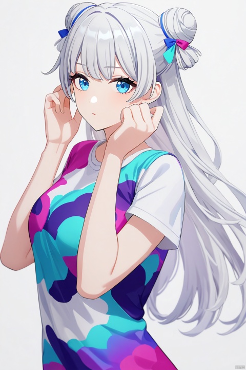 clean color,1girl, blue eyes,white hair, bangs, long hair,double bun,detailed face,((simple background)),(white background),((upper body)) BREAK beautiful color,detailed,best quality,amazing quality,very aesthetic,cowboy shot,colorful,masterpiece,look at viewer,best quality,hands up,standing,snclstyle