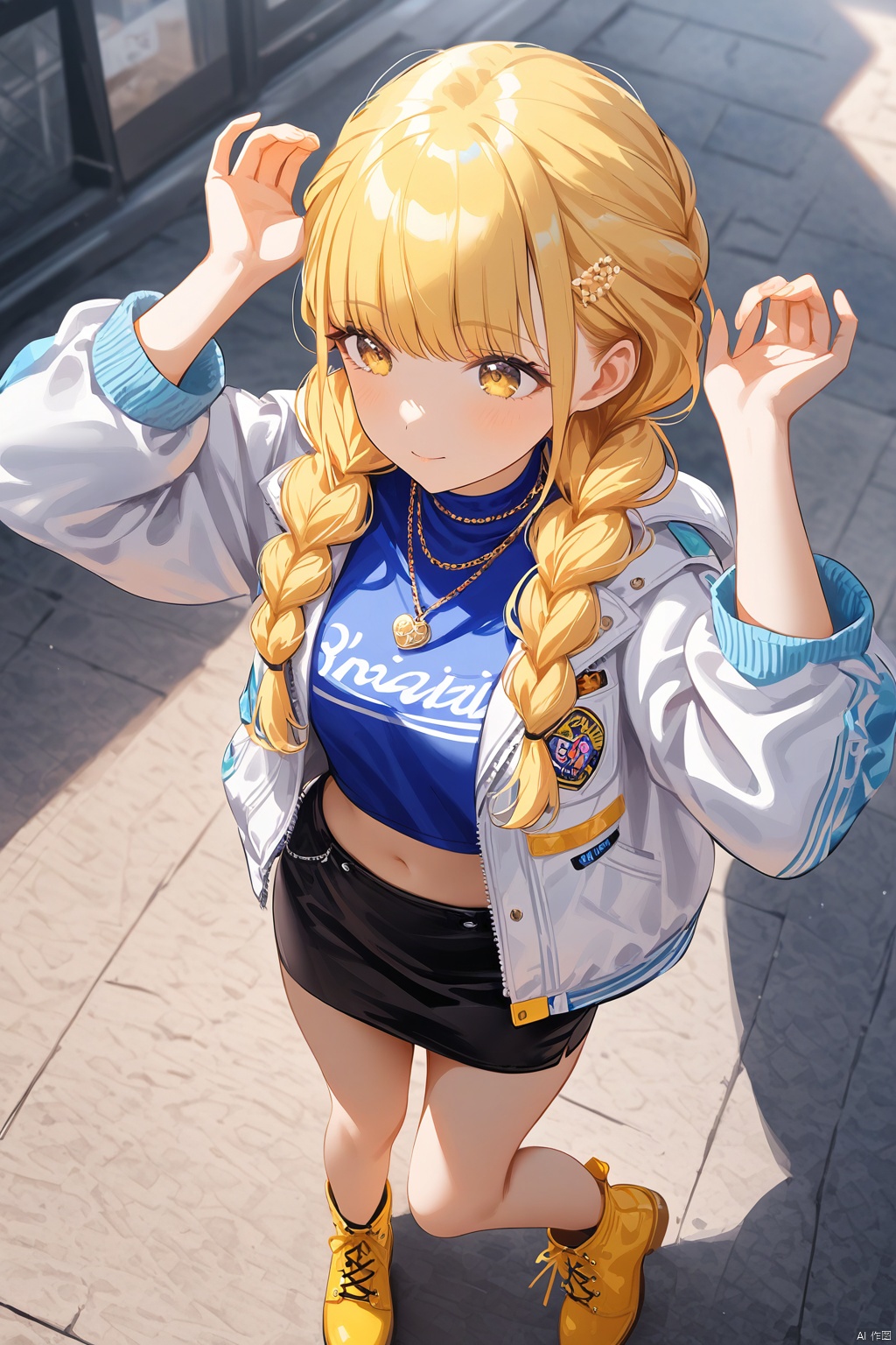 amazing quality,best quality,masterpiece,4k,kotone fujita,1girl,blonde hair,braid,yellow eyes,(white jacket),jewelry,necklace,crop top,pencil skirt,grey skirt,yellow footwear,midriff,twin braids,blue shirt,clothes writing,colorful pocket,boots,open jacket,open clothes,yellow ribbon,beautiful color,birds,hands up,blurry foreground,upper body,cowboy shot,from above,.slim skinny,watercolor,