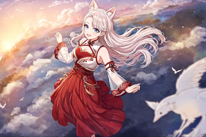 (impasto),watercolor,((artist:houk1se1)),(artist:modere),solo,((amazing quality)),1girl,white hair,blue eyes,long hair,lasymmetrical bangs,hair behind ear,animal ears, fox ears, detached sleeves, red hakama,cleavage cutout,see-through,smile,open mouth,blush,upper body,look at viewer , from above,(beautiful color,detailed,best quality,very aesthetic:1.2),cowboy shot,bird,sky,cloud,wind,floating,ray tracing,depth of field,lighting and shadow,((perspective)),(lighting particles),colorful,snclstyle, as style, line art