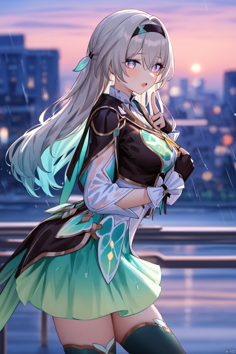 Firefly /(honkai: star rail/), Firefly's def clothes, def clothe, 1girl, black thighhighs, blue eyes, hairband, long hair, black hairband, finger less gloves,skirt,,impasto,masterpiece,best quality,high quality,very aesthetic,upper body,from side,blurry background,colorful,beautiful color,looking at viewer,luminous eyes,gentle eyes,blush,open mouth,heart in eyes,pant,lean forward,watercolor,see-through clothes,wet clothes,raining,twilight,wet hair