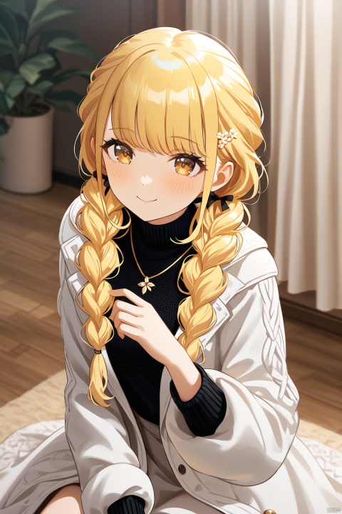 kotone fujita,,braid,twin braids,long hair,blonde hair,brown eyes,A delightful impasto-inspired artwork! A cute-faced girl with liduke-inspired features gazes directly at the viewer, her cheeks blushing softly. Indoors, amidst a cozy atmosphere with parted curtains, she sits wearing a black turtleneck sweater, white long sleeves, and a brown-eyed gaze that shines like emeralds. Her hair is styled in loose waves with a hairclip holding back stray strands. A delicate hair ornament adorns her locks, complementing the intricate details of her impasto-style artwork. The focus lies on her face, with her hand gently resting on her own cheek as she sports a charming smile.