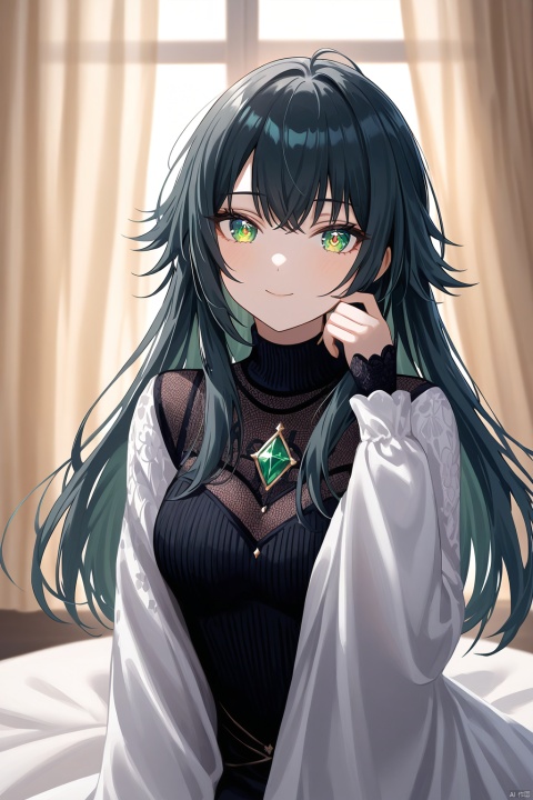 A whimsical artwork captures Temari Tsukimura's endearing features: ringed eyes sparkle with a warm smile, and her head tilts slightly as she waves at the viewer. Her long black hair cascades down her back, framing her heart-shaped face. Green eyes shine like emeralds, illuminated by soft lighting within a cozy indoor setting. Curtains parted, revealing a serene atmosphere, Temari sits comfortably in a subtle pose, wearing a black turtleneck sweater and white long sleeves. A delicate ornament adorns her hair, complementing the textured brushstrokes of her impasto-inspired artwork. Her hand gently rests on her cheek, inviting the viewer to connect with her gentle charm.