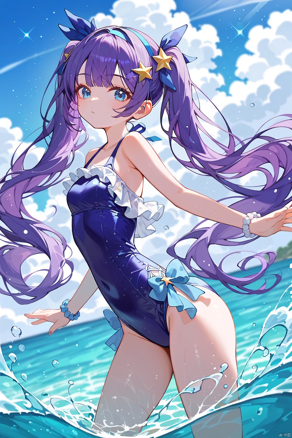 (score_9,score_8_up,score_7_up),style_1,style_2,style_3,style_4,1girl, purple hair, twintails, blue eyes, long hair, star hair ornament, blue one-piece swimsuit, blue hairband, solo, very long hair, small breasts, frilled swimsuit,watercolor,beach,beautiful sky,cloud,blurry foreground,blurry background,floating stars,beautiful water,best detailed,amazing quality,best quality,masterpiece,very aesthetic