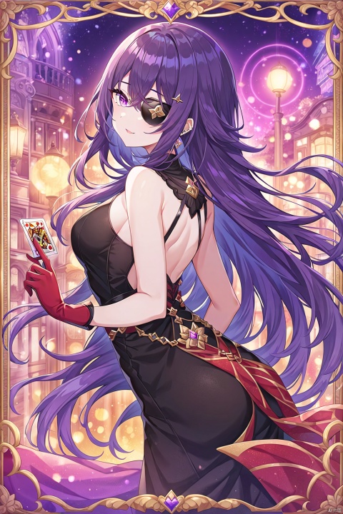Here's a high-quality prompt for an anime-style poster:

A stunning masterpiece of an anime girl, showcased in a vibrant, multicolored background with striped patterns and a hint of card-like texture. She stands confidently, wearing a black bikini and red gloves, her long hair flowing like a river down her back. Her eyes are a piercing purple, framed by a sleek eyepatch, and her gaze meets the viewer's directly, exuding a seductive smile. Her skin is smooth and detailed, with subtle shading giving depth to her features. The focus is sharp, with a shallow depth of field and a beautiful bokeh effect from the 135mm lens (f1.8). She looks straight at the viewer, wearing a pair of trendy sunglasses perched on the end of her nose. Her very long hair cascades down her back like a waterfall, and her medium-sized breasts are framed by a fitted black top. The overall mood is one of sophistication and style, with a hint of vaporwave nostalgia.