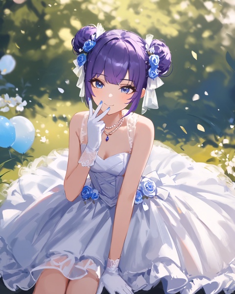 (card (medium))
,(by ningen mame:0.8) ,by ciloranko,by sho (sho lwlw) , 1girl, blue eyes, double bun, hair bun, purple hair, wedding dress, white gloves, sleeveless, nail polish, bangs, blue nails, small breasts, redgemnecklace,, sitting, arm support, smile, detailed,amazingquality, snclstyle,blurry_background,blurry_foreground,shiny,2.5d,>o<,blush,v over mouth,wlop,watercolor,ray tracing