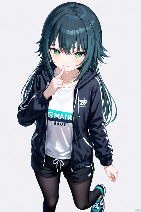 clean color,temari tsukimura,temari four,(raising a finger),1girl,green eyes,long hair,black hair,shoes,sneakers,hoodie,open clothes,white shirt,open jacket,black shorts,black pantyhose,clothes writing,long sleeves,detailed face,(simple background),(white background),((upper body_) BREAK beautiful color,detailed,best quality,amazing quality,very aesthetic,colorful,masterpiece,look at viewer,best quality,snclstyle,cowboy shot,cry,tearful eyes,full body,chibi,middle breasts,(from above)