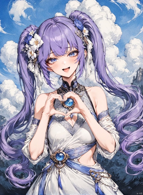 (wanke,mamimi),highres absurdres,masterpiece,bestquality,higher quality,best quality,blush, 1girl, solo,long hair,purple hair, blue eyes, hair flower, small breasts, very long hair, bangs,aesthetic,very aesthetic,best quality,hight quality,hight,flowers,sky,clouds,wind,smile,vision,newst,  upper body, , dynamic angle,  oil painting, waving, :d, blinking,heart hands,looking_at_viewer,twintails, intricate detail borders, line art