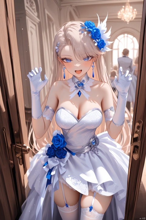 highres absurdres,masterpiece,bestquality,higher quality,best quality,blush,aesthetic,very aesthetic,best quality,hight quality,hight,vision,newest BREAK ,1girl,blue eyes,long hair,asymmetrical bangs,white hair,hair behind ear,thighhighs,flower,garter straps,white hair ornament,white gloves,white elbow gloves,white thighhighs,white wedding dress,wedding dress,hair flower,purple earrings,blue flower,bare shoulders,blue rose,detached collar,:d,claw pose,in door,party