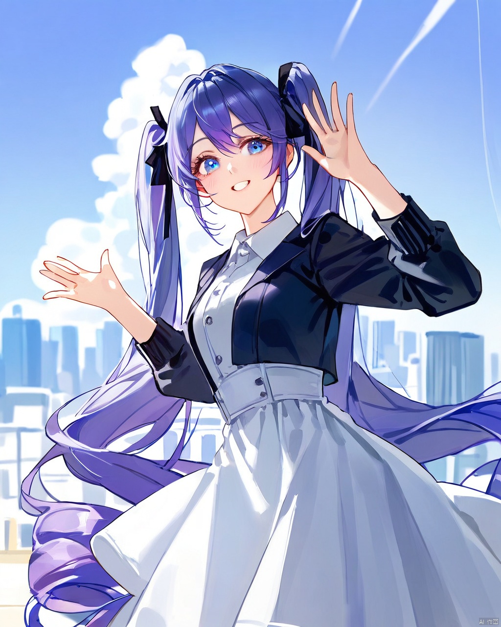 (by ciloranko:0.5),by ningen_mame,by ATDAN,by modare,(by ciloranko:0.5),1girl,purple hair,blue eyes,twintails,bluash,masterpiece,aesthetic, beautiful color, best quality,high quality,blurry background,cowboy_shot, clean color,looking_at_viewer,upper_body,gentle eyes,luminous eyes,waving,ray tracing,2.5d,highres,city,sky,cloud,wind,