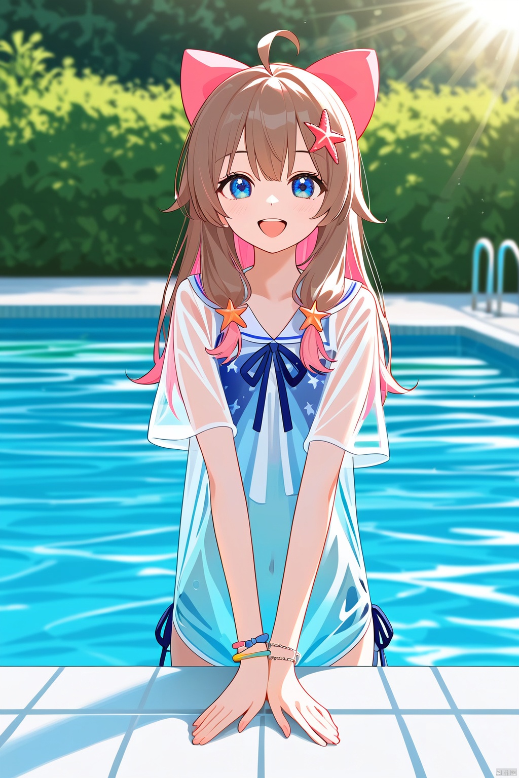 masterpiece,best quality,amazing quality,anime,anime color,1girl,swimsuit,blue eyes,long hair,brown hair,ahoge,pink hair bow,bracelet,starfish hair ornament,see-through,see-through sleeves,shortsleeves,Anime style, cinematic shot of a girl playing joyfully in a swimming pool, dynamic and energetic, with beautiful detailed eyes, sun-kissed skin, surrounded by the cool blue water of the pool, splashing water with a sense of fun, bright sunlight casting a warm glow, tropical plants adding to the lively setting, (best quality, 4k, 8k, highres, masterpiece:1.2), ultra-detailed, realistic, , vibrant colors, sharp focus, dynamic lighting, high contrast, anime portraits, outdoor summer scene, cheerful mood, youthful energy, clear water with sparkling reflections, playful water splashes, sunny and bright anime art, cinematic composition, film grain, depth of field, (happy:1.1), (joyful:1.1), (carefree:1.1), (youthful:1.1), (swimming pool:1.3), (sunlight:1.3), (anime vibrant:1.2), (colorful:1.2), (anime realism:1.2), (anime high-definition:1.2), (anime joyful expression:1.2), (cinematic lighting:1.3), (filmic look:1.3)