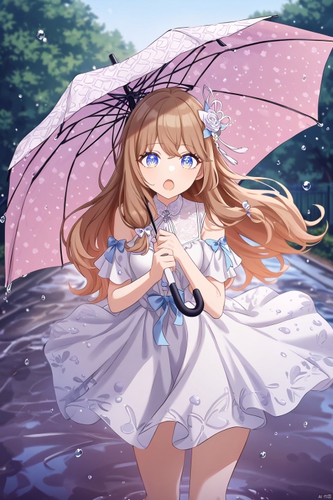 masterpiece,best quality,high quality,(clean coloring), 1girl, brown hair,blue eyes, looking at viewer, open mouth, surprised expression, hair ornament, ribbon, holding umbrella, patterned umbrella, umbrella, raindrops, water droplets, wind, flowing hair, white dress, outdoors, daytime, bright, sunlight, sparkles, reflection, mirror image, puddle, wet ground, pastel colors,snclstyle,luminous eyes