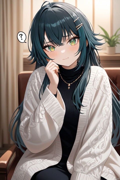 (ringed eyes,wavy mouth,?,head tilt),waving,temari tsukimura,long hair,green eyes,black hair,,A delightful impasto-inspired artwork! A cute-faced girl with liduke-inspired features gazes directly at the viewer, her cheeks blushing softly. Indoors, amidst a cozy atmosphere with parted curtains, she sits wearing a black turtleneck sweater, white long sleeves, and a brown-eyed gaze that shines like emeralds. Her hair is styled in loose waves with a hairclip holding back stray strands. A delicate hair ornament adorns her locks, complementing the intricate details of her impasto-style artwork. The focus lies on her face, with her hand gently resting on her own cheek.