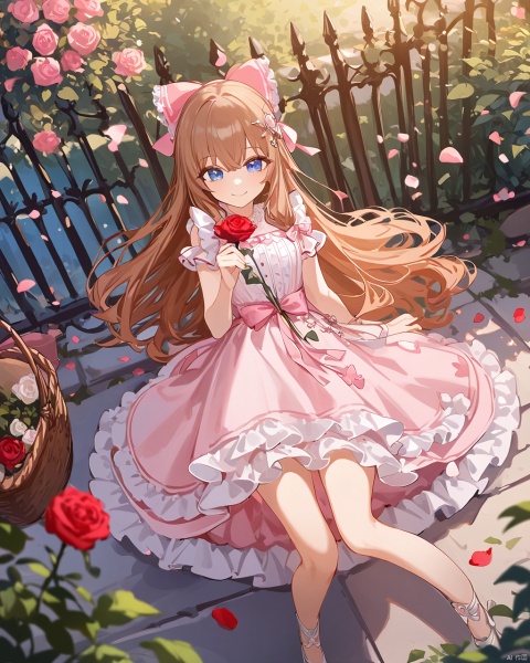 ((artist:ciloranko)),((artist:ningen_mame)),masterpiece,best quality,high quality,(colorful), 1girl, brown hair, ribbon, pink ribbon, bow, hair bow, hair ornament, blue eyes, smiling, happy, dress, pink dress, frills, frilly dress, flower, big flower, holding flower, basket, basket of petals, petals, scattering petals, garden, fence, wrought iron fence, outdoor, bright, sunlight, soft light, rose, giant rose, blurry foreground,detailed background, full body, lying down, reaching out, floating, playful, fantasy, whimsical, fairy tale, elegant, glow,snclstyle