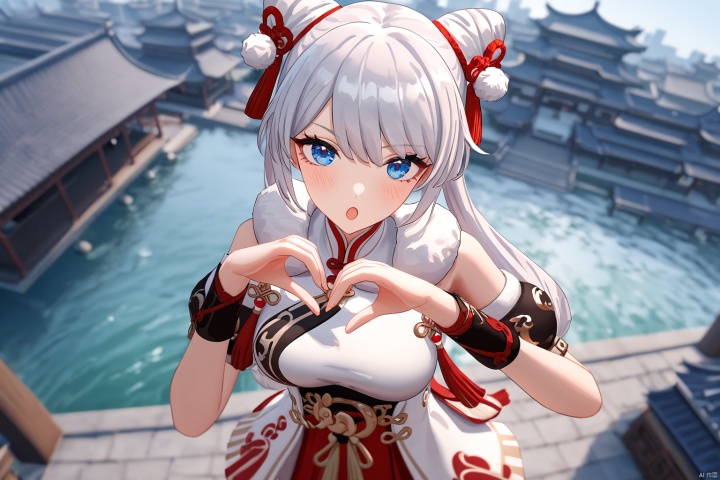 impasto,artist:houk1se1,xuetu, 10th clothes, 1girl, blue eyes,white hair, bangs, long hair,double bun,:o,detailed face,(upper body) BREAK beautiful color,detailed,best quality,amazing quality,very aesthetic,cowboy shot,masterpiece,look at viewer,(making a heart gesture with hands),hands up,standing,snclstyle,chinese building,water,sky,beautiful water,ray tracing,(detailed background),blush,blurry foreground,blurry background,watercolor,from above