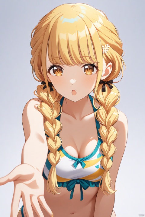 clean color,kotone fujita,kotone one,1girl,((reaching out)),braid,twin braids,long hair,blonde hair,brown eyes,（swimsuit）,detailed face,(simple background),(white background),(upper body) BREAK beautiful color,detailed,best quality,amazing quality,very aesthetic,colorful,masterpiece,look at viewer,best quality,snclstyle,cowboy shot,:o,full body,chibi,middle breasts
