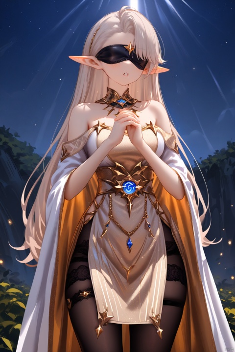 highres absurdres,masterpiece,bestquality,higher quality,best quality,blush,aesthetic,very aesthetic,best quality,hight quality,hight,vision,newest,dynamic angle BREAK ,1girl,pointy ears,solo,long hair,golden off-shoulder dress,blindfold,elf,white hair,golden covered eyes,robe,sky,star,night,own hands together,fantasy,cinematic lighting,reflection light,god rays,black pantyhose,cowboy_shot,