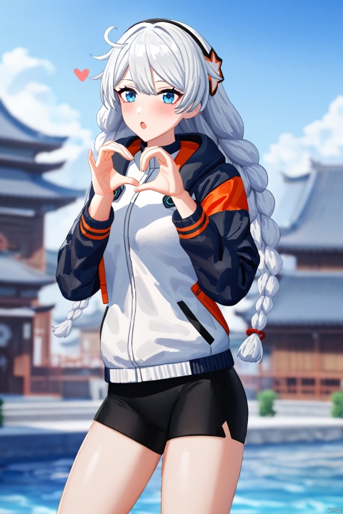 impasto,artist:houk1se1,kiana kaslana, mitu, 7th clothes, 1girl, jacket, braid, blue eyes, twin braids, long hair, white hair,:o,detailed face,(upper body) BREAK beautiful color,detailed,best quality,amazing quality,very aesthetic,cowboy shot,masterpiece,look at viewer,(making a heart gesture with hands),hands up,standing,snclstyle,chinese building,water,sky,beautiful water,ray tracing,(detailed background),blush,blurry foreground,blurry background,watercolor,