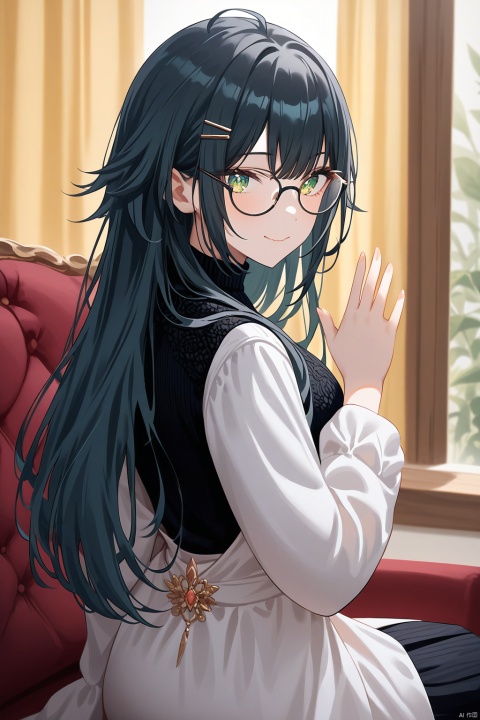 Temari Tsukimura's whimsical artwork features a bespectacled girl with ringed eyes and wavy mouth, her head slightly tilted as she gazes directly at the viewer. Waving her hand delicately, her long black hair cascades down her back, framing her green-eyed gaze. Indoors, amidst a warm atmosphere with parted curtains, she sits elegantly dressed in a black turtleneck sweater, white long sleeves, and a subtle smile. Her loose waves of black hair are held back by a hairclip, adorned with a delicate ornament that complements the intricate impasto-style artwork on her lap.