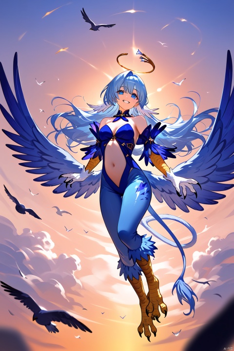 score_9,score_8_up,score_7_up,masterpiece,best quality,high quality,highres,aesthestci,1girl,long hair,halo,blue eyes,gloves,bangs,bare shoulders,blue hair,BREAK,
(Birdwoman), wings,((Harpy)),solo, claws, tail, breasts,feathers,smile,monster girl,full body,navel, gradient,personification,medium breasts,(animal feet),wing hands,teeth,an illustration of a woman in an animal suit,snclstyle, zgn,sky,cloud,wind,Volumetric Lighting,Cinematic Lighting,blurry foreground,dreaming,beautiful eyes,luminous eyes,gentle eyes,