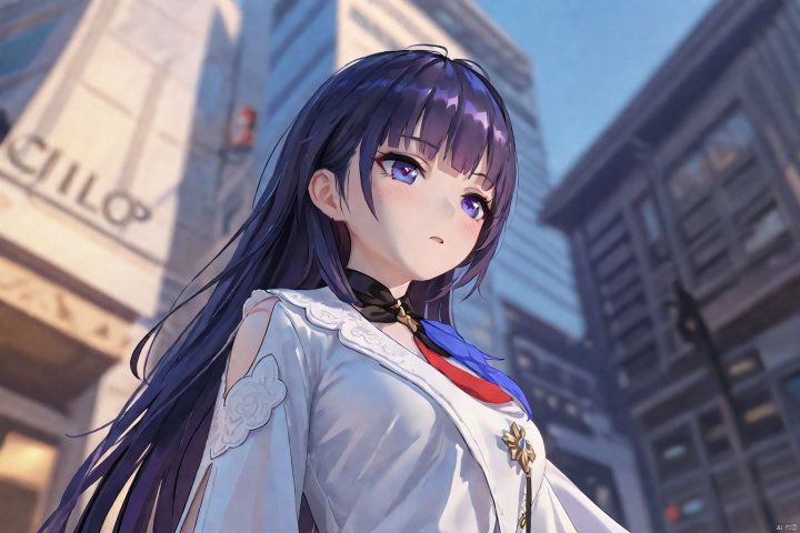impasto,2nd clothes, houbeng, white dress, raiden mei, 1girl, long hair, purple eyes, pantyhose, purple hair, bangs,clean coloring,masterpiece,best quality,high quality, snclstyle,blush,ray tracing, amazing quality,upper body,from below,blurry foreground,blurry background,wlop,city,2.5d