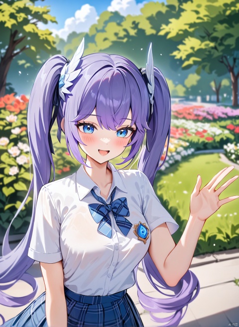 (houkisei),highres absurdres,masterpiece,bestquality,higher quality,best quality,blush, 1girl, solo, purple hair, twintails, blue eyes, long hair, plaid, blue skirt, feather hair ornament, plaid skirt, school uniform, bangs, collaredshirt, aesthetic,very aesthetic,best quality,hight quality,hight,twintails,flowers,sky,clouds,wind,garden,smile,vision,newst,  upper body, , dynamic angle,  oil painting, drawing, waving, lmpasto, :d, blinking, 