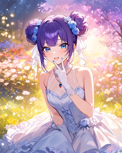 anime,artist:modare,by ningen mame ,by ciloranko,by sho (sho lwlw) , 1girl, blue eyes, double bun, hair bun, purple hair, wedding dress, white gloves, sleeveless, nail polish, bangs, blue nails, small breasts, red gem necklace,,sitting, smile, detailed,amazingquality, snclstyle,BREAK,blurry_background,blurry_foreground,shiny,open_mouth,blush,v over mouth,watercolor,ray tracing,gentle eyes,luminous eyes,grass,beautiful detailed,flowers,garden,beautiful color,colorful,(Volumetric Lighting,Cinematic Lighting), glow
