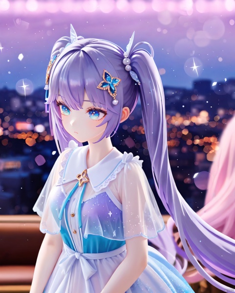 very aesthetic,aesthetic,amazing quality,best quality,hight,hight quality,masterpiece,,snclstyl,beautiful detailed eyes,gentle eyes BREAK
,long hair,purple hair,blue eyes,twintails,dress,see-through,hair ornament BREAK
(blurry),(blurry_foreground),(depth_of_field),wallpaper,highres,colorful,Cinematic Lighting,lens flare,upper body,traditional_media,sparkle,starry,pastel color,watercolor,shiny,, snclstyle,city,glow,Hazy light, PVC
