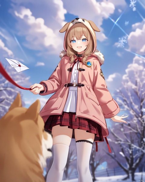 ((masterpiece,best quality,high quality)),(clean coloring),anime color,anime,((mery)),1girl,brown hair,blue eyes,wearing coat,hood,wearing skirt,wearing thighhighs,holding envelope,smiling,snowflakes,letters,background magic elements,daytime,full body,foreground,background,winter,snclstyle,luminous eyes,upper body,ray tracing,close up,depth of field,from below,blush,sky,clouds,sunshine,((a girl leash the dog)),((dog's vision)),((first-person view)),((I am a dog))
