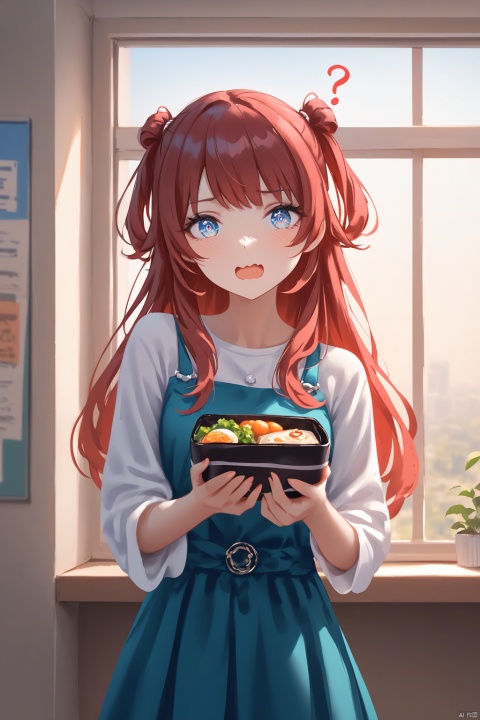 Best-A,masterpiece,best quality,high quality,best shadow,(colorful),miwano rag,wlop,myush,(ringed eyes,wavy mouth,open mouth,?,head tilt),saki hanami,blue eyes,long hair,two side up,red hair,hair dun,A girl extends a bento box towards the camera with a shy, blushing smile. Her eyes convey a mix of apology and playfulness, as the box contains not a meal, but a small snake—a quirky twist that surprises the viewer. The classroom setting, bathed in sunlight streaming through the windows, provides a warm and familiar backdrop. The beautiful sky outside adds a serene contrast to the intriguing scene inside, highlighting the girl's endearing awkwardness as she presents her unexpected gift.