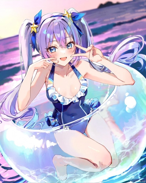 by himeyamato, by yunamaro,by pottsness,by dikko,by zounose,by modare,1girl, purple hair, twintails, blue eyes, long hair, star hair ornament, blue one-piece swimsuit, blue hairband, solo, very long hair, small breasts, frilled swimsuit, smile, ,summer,detailed,amazing quality, ,BREAK,((in container)),blurry_background,blurry_foreground,shiny,open_mouth,blush,v over mouth,gentle eyes,luminous eyes,sea,water,sky,beautiful water,(Volumetric Lighting,Cinematic Lighting), snclstyle,