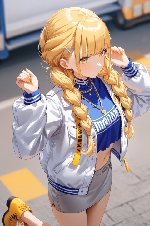 amazing quality,best quality,masterpiece,4k,kotone fujita,1girl,blonde hair,braid,yellow eyes,(white jacket),jewelry,necklace,crop top,pencil skirt,grey skirt,yellow footwear,midriff,twin braids,blue shirt,clothes writing,colorful pocket,boots,open jacket,open clothes,yellow ribbon,beautiful color,birds,hands up,blurry foreground,upper body,cowboy shot,from above,.slim skinny,watercolor,from side,standing,kotone two