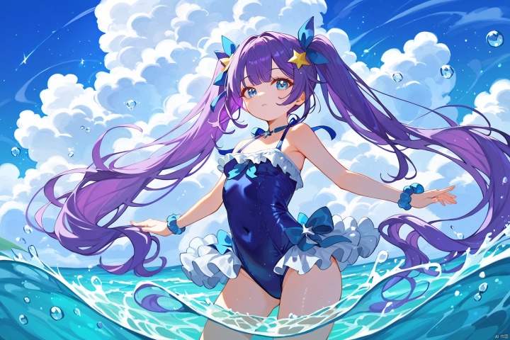 (score_9,score_8_up,score_7_up),style_1,style_2,style_3,style_4,1girl, purple hair, twintails, blue eyes, long hair, star hair ornament, blue one-piece swimsuit, blue hairband, solo, very long hair, small breasts, frilled swimsuit,A young woman with striking features: vibrant purple twintails cascading down her back, bright blue eyes shining like the ocean. She wears a stunning blue one-piece swimsuit, adorned with a star-shaped hair ornament that matches the sparkling stars floating above the beach's beautiful sky and soft cloud cover. Her very long hair flows gently in the breeze as she stands solo, her small breasts barely noticeable beneath the frilled swimsuit. The watercolor-inspired atmosphere blurs the foreground and background, creating a dreamy effect. The overall aesthetic is breathtakingly beautiful, with every detail rendered in masterful quality.night,