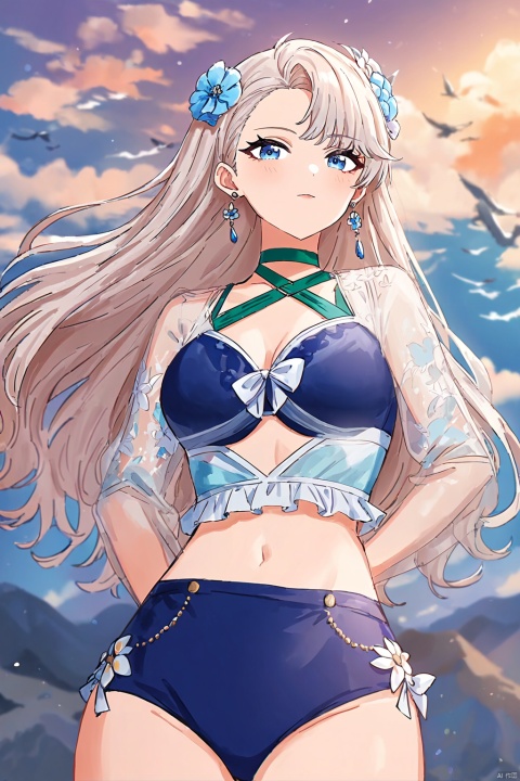 (impasto),watercolor,((artist:houk1se1)),(artist:modere),solo,((amazing quality)),1girl,white hair,blue eyes,long hair,lasymmetrical bangs,hair behind ear,white earrings,bikini,blue swimsuit,white hair flower,green choker,see-through sleeves,blush,upper body,look at viewer , from below,hands behind back,(beautiful color,detailed,best quality,very aesthetic:1.2),cowboy shot,bird,sky,cloud,wind,floating,ray tracing,depth of field,lighting and shadow,((perspective)),(lighting particles),colorful,snclstyle, as style, line art,line style