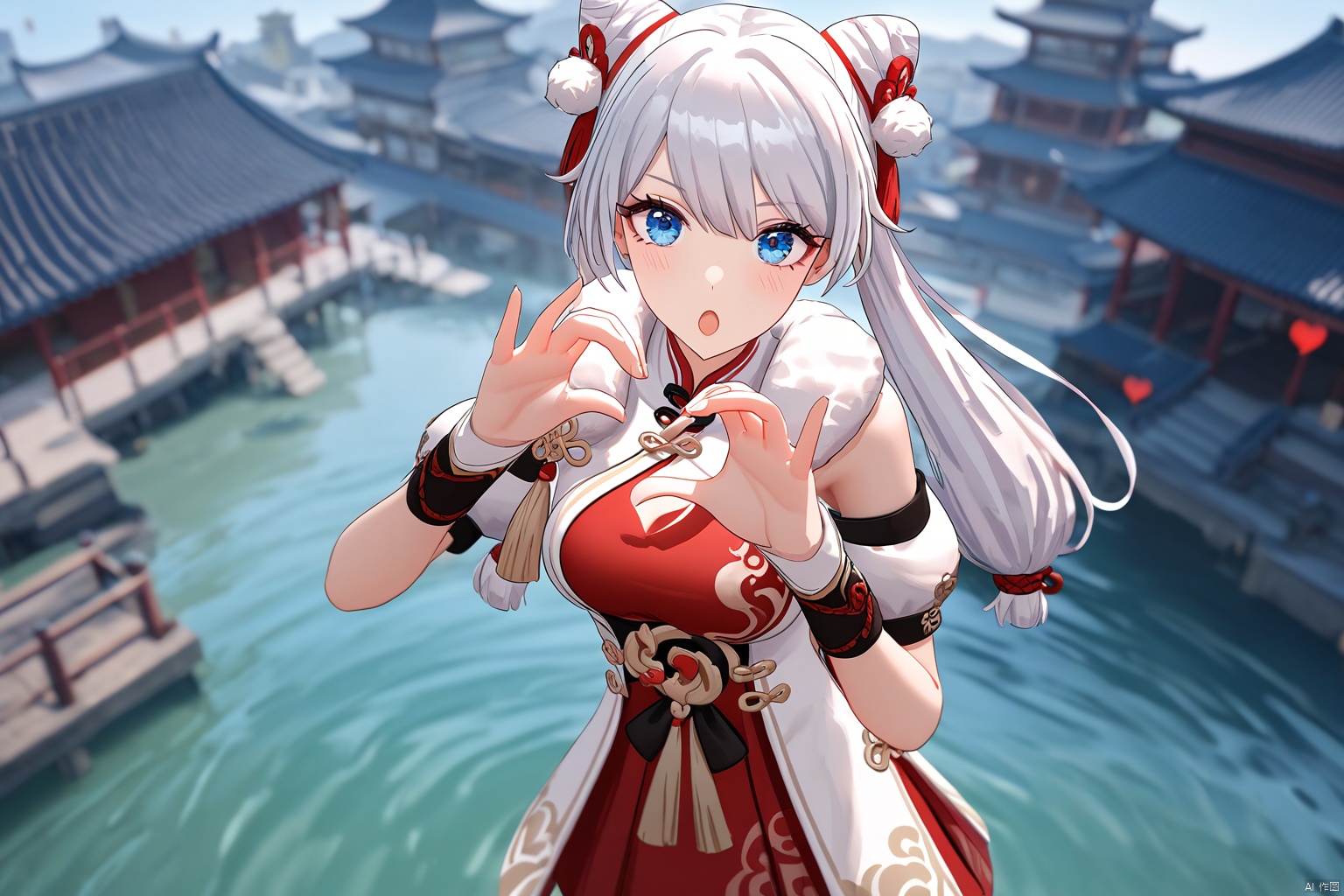 impasto,artist:houk1se1,xuetu, 10th clothes, 1girl, blue eyes,white hair, bangs, long hair,double bun,:o,detailed face,(upper body) BREAK beautiful color,detailed,best quality,amazing quality,very aesthetic,cowboy shot,masterpiece,look at viewer,(making a heart gesture with hands),hands up,standing,snclstyle,chinese building,water,sky,beautiful water,ray tracing,(detailed background),blush,blurry foreground,blurry background,watercolor,from above