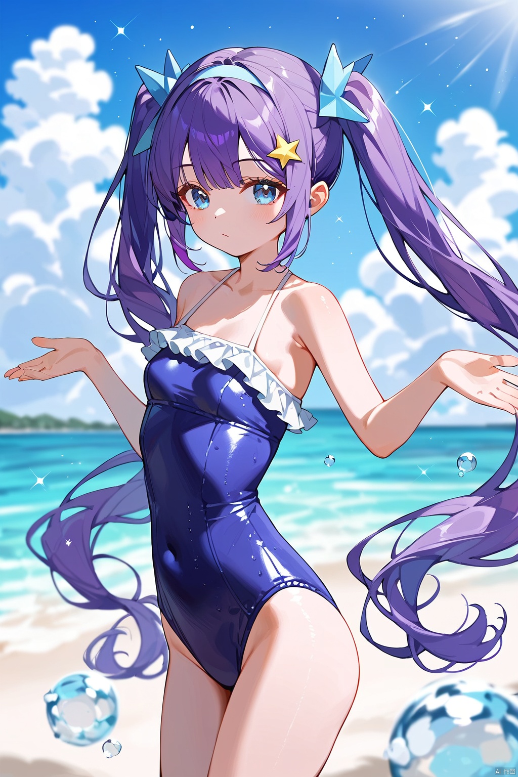 (score_9,score_8_up,score_7_up),style_1,style_2,style_3,style_4,1girl, purple hair, twintails, blue eyes, long hair, star hair ornament, blue one-piece swimsuit, blue hairband, solo, very long hair, small breasts, frilled swimsuit,watercolor,beach,beautiful sky,cloud,blurry foreground,blurry background,floating stars,beautiful water,best detailed,amazing quality,best quality,masterpiece,very aesthetic