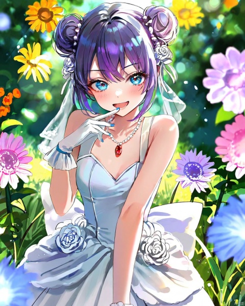 by yunamaro,(by pottsness:0.5),by dikko,by zounose,by modare,by ningen mame ,by ciloranko,1girl, blue eyes, double bun, hair bun, purple hair, wedding dress, white gloves, sleeveless, nail polish, bangs, blue nails, small breasts, red gem necklace,kick, smile, ,summer,detailed,amazing quality, ,BREAK,blurry_background,blurry_foreground,shiny,open_mouth,blush,v over mouth,ray tracing,gentle eyes,luminous eyes,grass,beautiful detailed,flowers,garden,beautiful color,colorful,(Volumetric Lighting,Cinematic Lighting),by nixeu, snclstyle