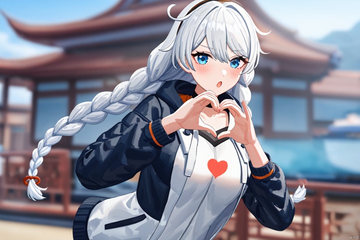 impasto,artist:houk1se1,kiana kaslana, mitu, 7th clothes, 1girl, jacket, braid, blue eyes, twin braids, long hair, white hair,:o,detailed face,(upper body) BREAK beautiful color,detailed,best quality,amazing quality,very aesthetic,cowboy shot,masterpiece,look at viewer,(making a heart gesture with hands),hands up,standing,snclstyle,chinese building,water,sky,beautiful water,ray tracing,(detailed background),blush,blurry foreground,blurry background,watercolor,