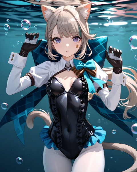  masterpiece, best quality,8K,detailed,(good hands:0.5),
1girl, animal ears, cat ears, solo,white pantyhose,  bow, long hair, frilled leotard, gloves, long sleeves, cat girl, bubble, leotard, breasts, black gloves, parted lips, frills, black leotard, cat tail, submerged, two-tone gloves, animal ear fluff, small breasts, cowboy shot, star \(symbol\), hands up,lnt, def clothe, snclstyle,from above