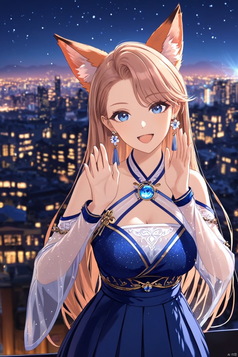  very aesthetic,aesthetic,amazing quality,best quality,hight quality,masterpiece,beautiful detailed eyes,gentle eyes BREAK
(blurry),(blurry_foreground),(depth_of_field),wallpaper,highres,colorful,Cinematic Lighting,lens flare,upper body,traditional_media,sparkle,starry,shiny,city,glow,Hazy light,vision,newest,(dynamic angle),BREAK,
1girl,fox ears,solo,long hair,blue eyes,looking at viewer,smile,detached sleeves,breasts,large breasts,open mouth,blue hakama,white earrings,see-through,blush
, snclstyle,:d,claw pose,leaning forward, best hands