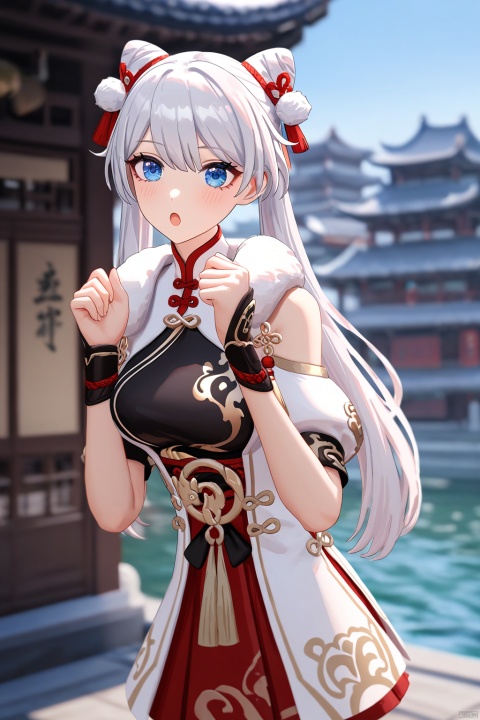 impasto,artist:houk1se1,xuetu, 10th clothes, 1girl, blue eyes,white hair, bangs, long hair,double bun,:o,detailed face,(upper body) BREAK beautiful color,detailed,best quality,amazing quality,very aesthetic,cowboy shot,masterpiece,look at viewer,,hands up,standing,snclstyle,chinese building,water,sky,beautiful water,ray tracing,(detailed background),blush,blurry foreground,blurry background,watercolor,((from side))