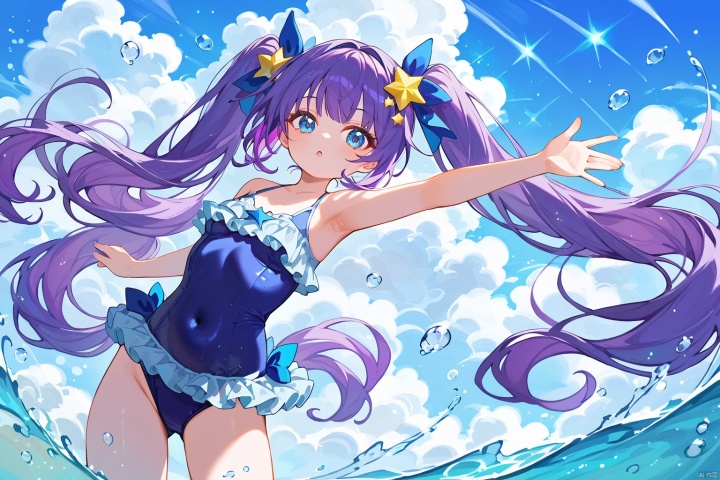 (score_9,score_8_up,score_7_up),style_1,style_2,style_3,style_4,1girl, purple hair, twintails, blue eyes, long hair, star hair ornament, blue one-piece swimsuit, blue hairband, solo, very long hair, small breasts, frilled swimsuit,A young woman with striking features: vibrant purple twintails cascading down her back, bright blue eyes shining like the ocean. She wears a stunning blue one-piece swimsuit, adorned with a star-shaped hair ornament that matches the sparkling stars floating above the beach's beautiful sky and soft cloud cover. Her very long hair flows gently in the breeze as she stands solo, her small breasts barely noticeable beneath the frilled swimsuit. The watercolor-inspired atmosphere blurs the foreground and background, creating a dreamy effect. The overall aesthetic is breathtakingly beautiful, with every detail rendered in masterful quality.